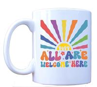 MILLHOUSE PRINTS All are Welcome Here Mug - 11oz Ceramic Coffee Cup with Retro Rainbow Design & Empowering Message - Inclusive LGBTQ+ Ally Gift, Diversity & Equality Statement Mug