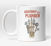 MILLHOUSE PRINTS Anatomy of a Plumber Mug - Funny Skeleton Hand Coffee Cup with Tools - Wrench, Pipe, Tape, Caulk, Curse Word Design