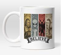 Millhouse Prints Believe Cryptid Mug - Bigfoot Alien Mothman Loch Ness Coffee Cup - Paranormal Art - 11oz Ceramic