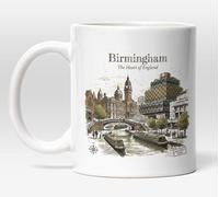 Millhouse Prints Ceramic Mug, Birmingham England Cityscape Theme, Travel Souvenir, Gift for Birthdays and Holidays, 11oz, White, Dishwasher and Microwave Safe