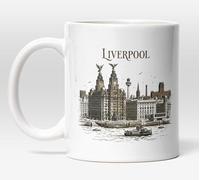 Millhouse Prints Ceramic Mug, Liverpool Skyline with Royal Liver Building, Coffee and Tea, Gift Occasions, 11oz, White, Dishwasher and Microwave Safe