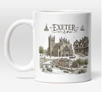 Millhouse Prints Exeter Souvenir Mug, Vintage Sketch Art, Cathedral City Devon Gift, 11oz White Ceramic Coffee Cup