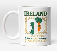 Millhouse Prints Ireland is Calling and I Must Go, Ceramic Mug, 11oz, White, Irish Flag Map with Shamrock Celtic Knot Design, St Patricks Day Gift