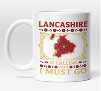 Millhouse Prints Lancashire is Calling Mug, Ceramic Coffee Cup, 11oz, White, UK County Pride with Red Rose Map, British Heritage Gift for Expat and Traveler
