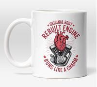 Millhouse Prints Original Body Rebuilt Engine Mug - Funny Heart Surgery Recovery Coffee Cup - V-Twin Heart Motorcycle Mechanic Style Design