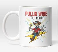 Millhouse Prints Pullin' Wire 'Til I Retire Mug - Funny Electrician Skeleton Design - 11oz White Ceramic Coffee Cup