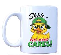 Millhouse Prints Shhh No One Cares Mug - Funny Duck with Glasses Coffee Cup - 11oz White Ceramic Sarcastic Quote Mug
