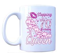 MILLHOUSE PRINTS Stepping Into My 70th Birthday Mug - Queen Style Ceramic Coffee Mug for Women - Glam Pink Pearl Design - 11oz