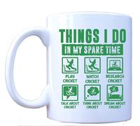 MILLHOUSE PRINTS Things I Do in My Spare Time Cricket Mug - Funny Green Coffee Mug with Icons for Cricket Fans - Obsessive Sports Ceramic Cup - 11oz