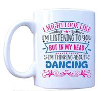 MILLHOUSE PRINTS Thinking About Dancing” Mug - 11oz Ceramic Coffee Cup with Funny Dance Quote - Colorful Pink & Blue Design for Dancers, Performers & Movement Lovers
