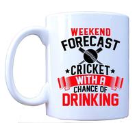MILLHOUSE PRINTS Weekend Forecast Cricket Mug - Funny Coffee Mug with Bold Red Text and Bat Ball Graphic - Drinking Humour Ceramic Cup - 11oz