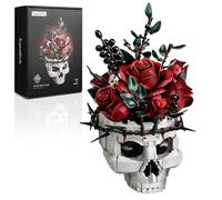 Millionspring Red Rose Bouquet Building Set with Skull Vase Red Artificial Roses Gifts for Her Him on Birthday, Anniversary, Valentine's Day, Father's Day, Christmas,Gothic Home Decor
