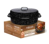 Millvado Granite Roasting Pan, 10 lb Capacity Turkey Roasting Pan with Lid, 15" Granite Oven Roaster Oval Shaped Speckled Enamel on Steel Cookware