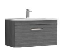Millwich Contemporary 1 Drawer Wall Hung Vanity Unit with Curved Basin, Anthracite Woodgrain, 800mm