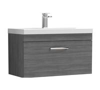Millwich Contemporary 1 Drawer Wall Hung Vanity Unit with Thin Edge Basin, Anthracite Woodgrain, 800mm