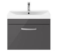 Millwich Contemporary 1 Drawer Wall Hung Vanity Unit with Thin Edge Basin, Gloss Grey, 600mm