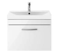 Millwich Contemporary 1 Drawer Wall Hung Vanity Unit with Thin Edge Basin, Gloss White, 600mm