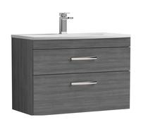 Millwich Contemporary 2 Drawer Wall Hung Vanity Unit with Curved Basin, Anthracite Woodgrain, 800mm