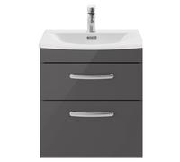 Millwich Contemporary 2 Drawer Wall Hung Vanity Unit with Curved Basin, Gloss Grey, 500mm