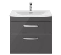 Millwich Contemporary 2 Drawer Wall Hung Vanity Unit with Curved Basin, Gloss Grey, 600mm