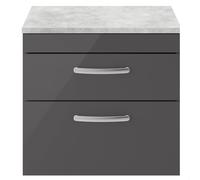 Millwich Contemporary 2 Drawer Wall Hung Vanity Unit with Laminate Black Galaxy Granite Worktop, Gloss Grey, 600mm