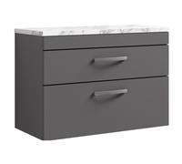 Millwich Contemporary 2 Drawer Wall Hung Vanity Unit with Laminate Carrara Marble Worktop, 800mm