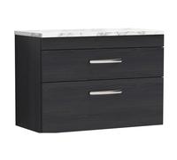 Millwich Contemporary 2 Drawer Wall Hung Vanity Unit with Laminate Carrara Marble Worktop, Charcoal Black, 800mm