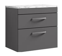 Millwich Contemporary 2 Drawer Wall Hung Vanity Unit with Laminate Carrara Marble Worktop, Gloss Grey, 600mm