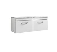 Millwich Contemporary 2 Drawer Wall Hung Vanity Unit with Laminate Carrara Marble Worktop, Gloss White, 1200mm