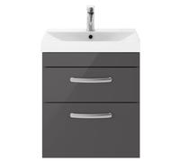 Millwich Contemporary 2 Drawer Wall Hung Vanity Unit with Thin Edge Basin, Gloss Grey, 500mm