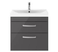 Millwich Contemporary 2 Drawer Wall Hung Vanity Unit with Thin Edge Basin, Gloss Grey, 600mm