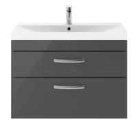 Millwich Contemporary 2 Drawer Wall Hung Vanity Unit with Thin Edge Basin, Gloss Grey, 800mm