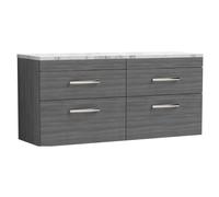 Millwich Contemporary 4 Drawer Wall Hung Vanity Unit with Laminate Carrara Marble Worktop, Anthracite Woodgrain, 1200mm