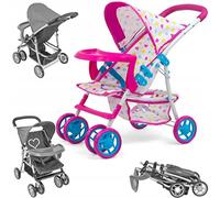 Milly Mally Kate Folding Doll's Pram for Girls from 3 Years with Hood, Foam Wheels, Candy Straps