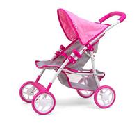 Milly Mally Natalie Foldable Doll's Pram for Girls from 3 Years with Hood, Foam Wheels, Prestige Pink Straps