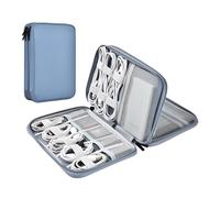 Miloocul Leather Cord Organizer - Waterproof Tech Organizer Bag - Portable Travel Case for Charger & Electronic Accessories (Gray & Blue, Double Layer - Small)