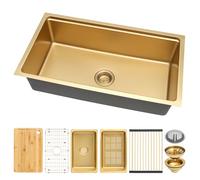 MILOSEN Gold Undermount 32×18 Inch Stainless Steel Workstation Single Bowl Kitchen Sink with Strainer