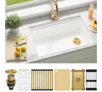 MILOSEN White Undermount Kitchen Sink, 30x18 Inch Workstation Ledge Under Counter Single Bowl Sinks, Granite Composite Quartz Sink, Large Deep Basin With Gold Accessories