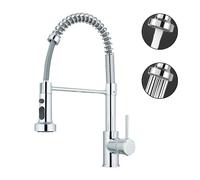 MILOT Kitchen Sink Mixer Tap, Spring Faucet with Pull Down Sprayer, 2 Spray Mode High Arc Swivel 360, Brass Single Lever Pull Out Kitchen Tap, Polished Chrome
