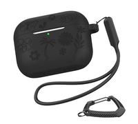 MILPROX for AirPods P3 Case, Beautiful Pretty Cute Flower Floral Engraved Soft Silicone Cover with Keychain/Strap,Visible Front LED,Slim Aesthetic Girlish Girly Design for Women Girls - Black