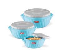 Milton Flora Regular Set Insulated Inner Steel Casserole for Roti 3Pc (750ml 1.25L & 2.1L) Hot Box for Kitchen, Hot Pot with Lid, Chapati Box, Roti Casserole, Serving Boxes, Hotcase, Cyan Blue