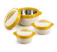 Milton Matrix Insulated Hot Pot Set 3 Piece, 2.5L 3.5L 5L Thermal Food Warmer Casserole Serving Bowls with Lids, Stainless Steel Inner, Yellow & Cream Hot Pots for Rice Curry Soup Family Meals