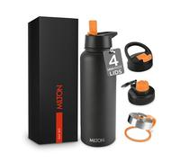 Milton Stainless Steel Water Bottle 40 Oz with Straw Lid - 4 Lids Included, Double Walled Vacuum Insulated,12 Hour Hot, 24 Hrs Cold, Metal Bottle for Sports, Gym, Travelling, Flassio, Black