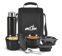 MILTON Tiffin Lunch Box Set of 3, Steel Containers with Bottle & Bag | Leak Proof, Perfect for Meal Prep, Snack Box, Food Storage & School, Easy to Clean, Pro Lunch - Black