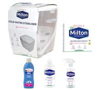 MiltonBaby Sterilising Essentials Bundle - Cold Water Steriliser, 28 Sterilising Tablets, 1ltr Sterilising Fluid, Antibacterial Surface Spray & Bottle Cleaner - Hygiene Set