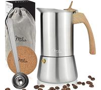 Milu Espresso Maker Induction Hob | 2, 4, 6, 9 Cup| stainless steel Espresso Pot, Stovetop Moka Pot, Coffee Maker, Set including coaster, spoon, brush (Handle: Wood optics, 6 cups 300ml)