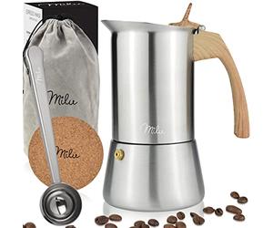 Milu Espresso Maker Induction Hob | 2, 4, 6, 9 Cup| stainless steel Espresso Pot, Stovetop Moka Pot, Coffee Maker, Set including coaster, spoon, brush (Handle: Wood optics, 9 cups 450ml)