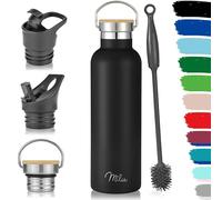 Milu Stainless Steel Drinking Bottle 350ml, 500ml, 750ml, 1l (+3 Lids) - Thermo Bottle with Straw, Water Bottle, for Hot, Cold & Carbonated Drinks (Black, 750ml)