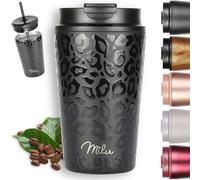 Milu Thermo Mug 400ml - 100% Leak-Proof - Stainless Steel Coffee Mug to go Insulated with Straw Keeps hot for 10h / Cold for 20h, BPA-Free (Black Leopard, 400ml)