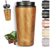 Milu Thermo Mug 500ml - 100% Leak-Proof - Stainless Steel Coffee Mug to go Insulated with Straw Keeps hot for 10h / Cold for 20h, BPA-Free (Wood, 500ml)